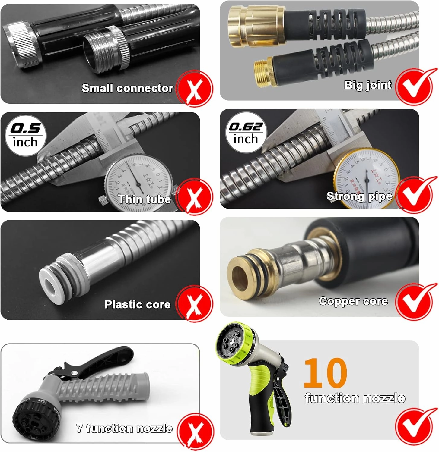 100FT Metal Garden Hose - Stainless Steel, Heavy Duty, Flexible & Lightweight, Never Kink and Tangle, with 10-Function Nozzle, Pressure Resistant for Outdoor Use (Grey)