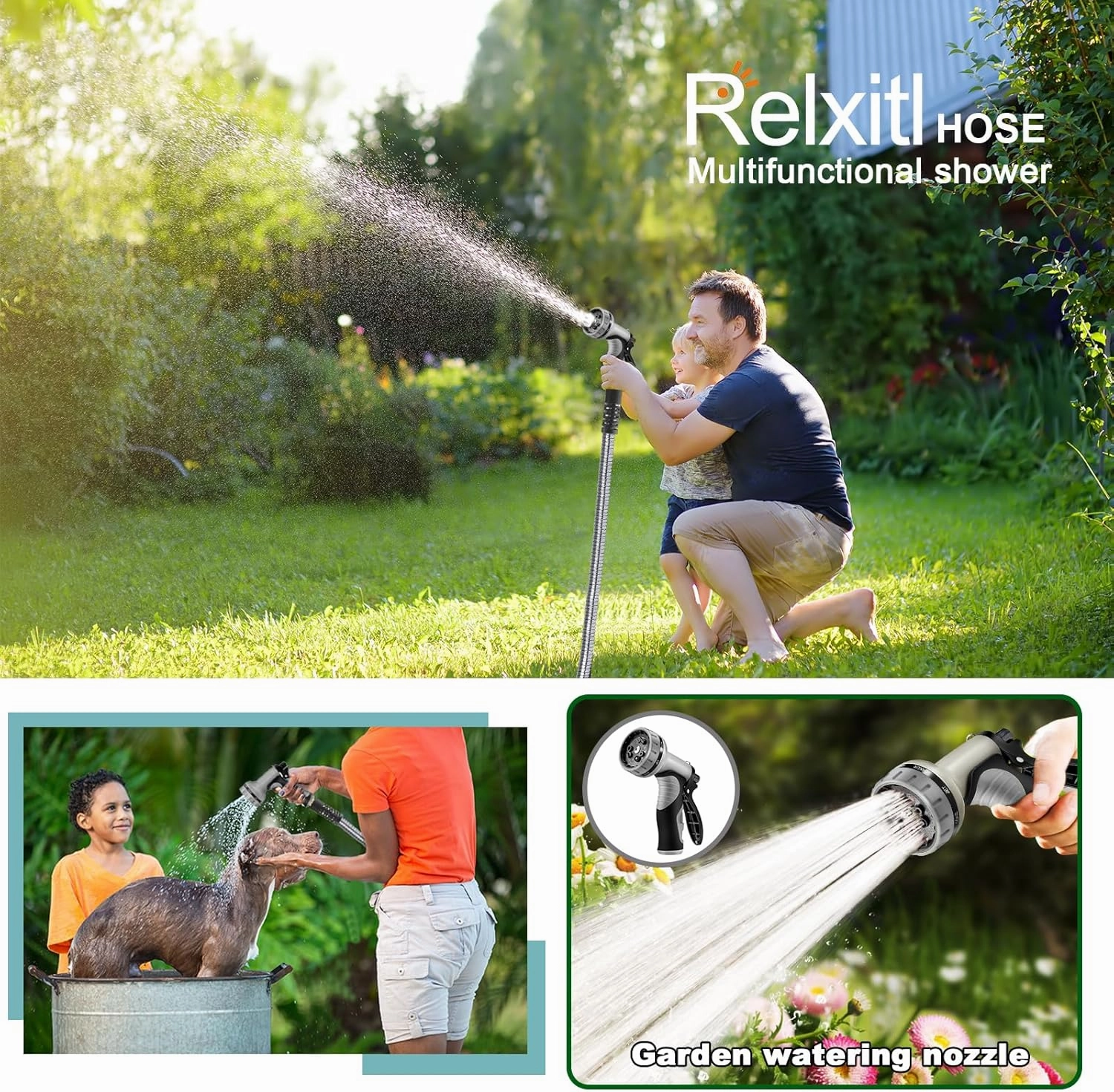 100FT Metal Garden Hose - Stainless Steel, Heavy Duty, Flexible & Lightweight, Never Kink and Tangle, with 10-Function Nozzle, Pressure Resistant for Outdoor Use (Grey)