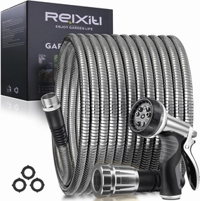 100FT Metal Garden Hose - Stainless Steel, Heavy Duty, Flexible & Lightweight, Never Kink and Tangle, with 10-Function Nozzle, Pressure Resistant for Outdoor Use (Grey)