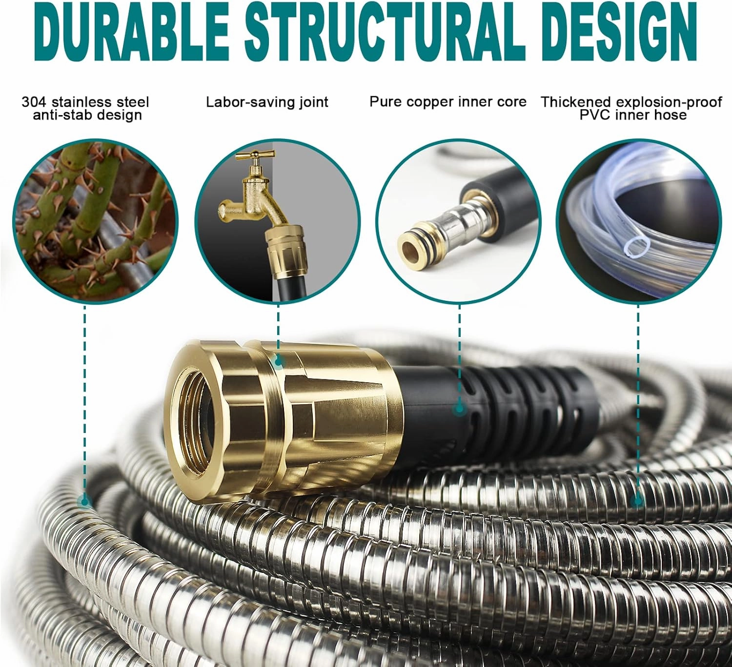 100FT Metal Garden Hose - Stainless Steel, Heavy Duty, Flexible & Lightweight, Never Kink and Tangle, with 10-Function Nozzle, Pressure Resistant for Outdoor Use (Grey)