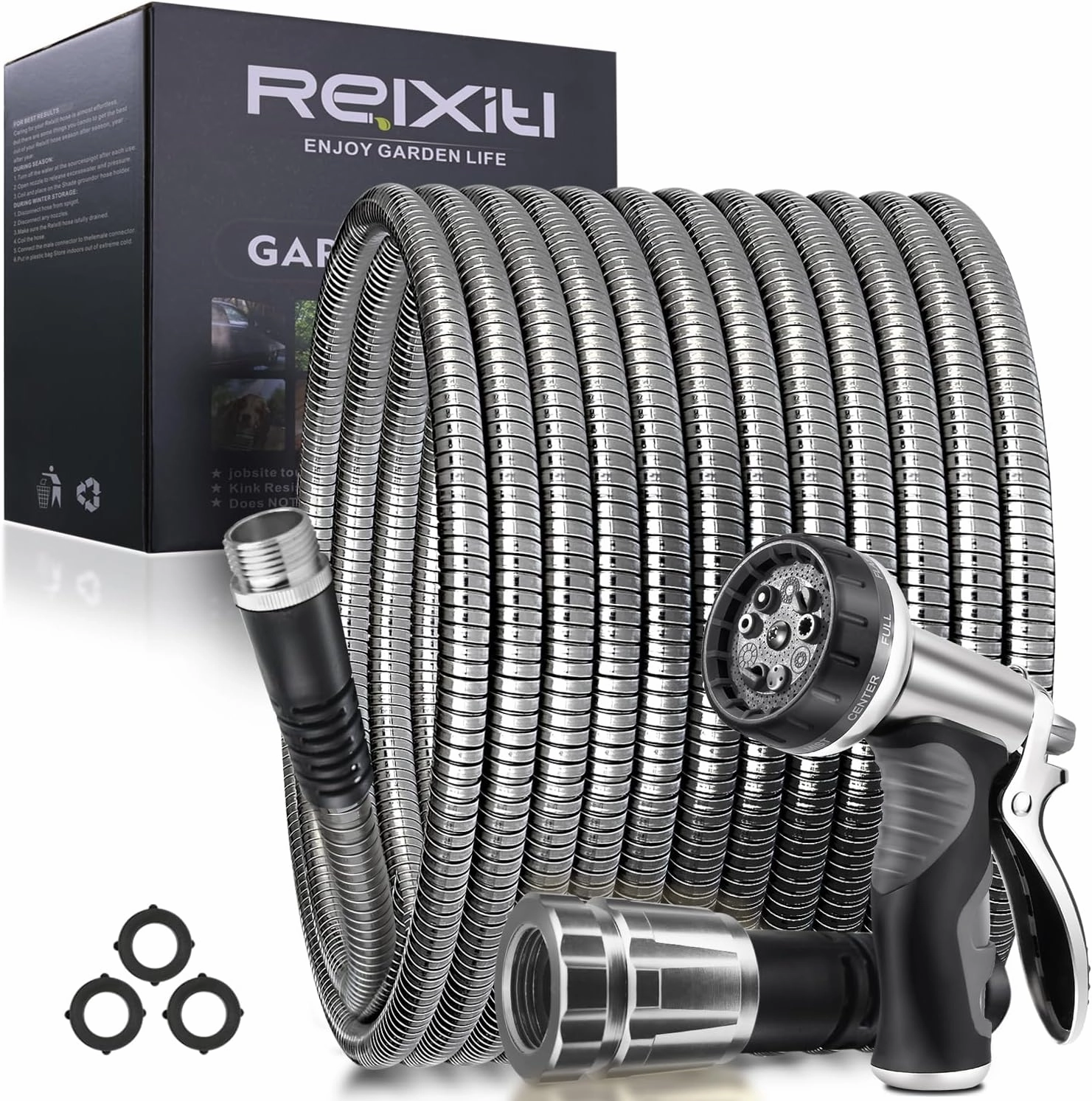 100FT Metal Garden Hose - Stainless Steel, Heavy Duty, Flexible & Lightweight, Never Kink and Tangle, with 10-Function Nozzle, Pressure Resistant for Outdoor Use (Grey)