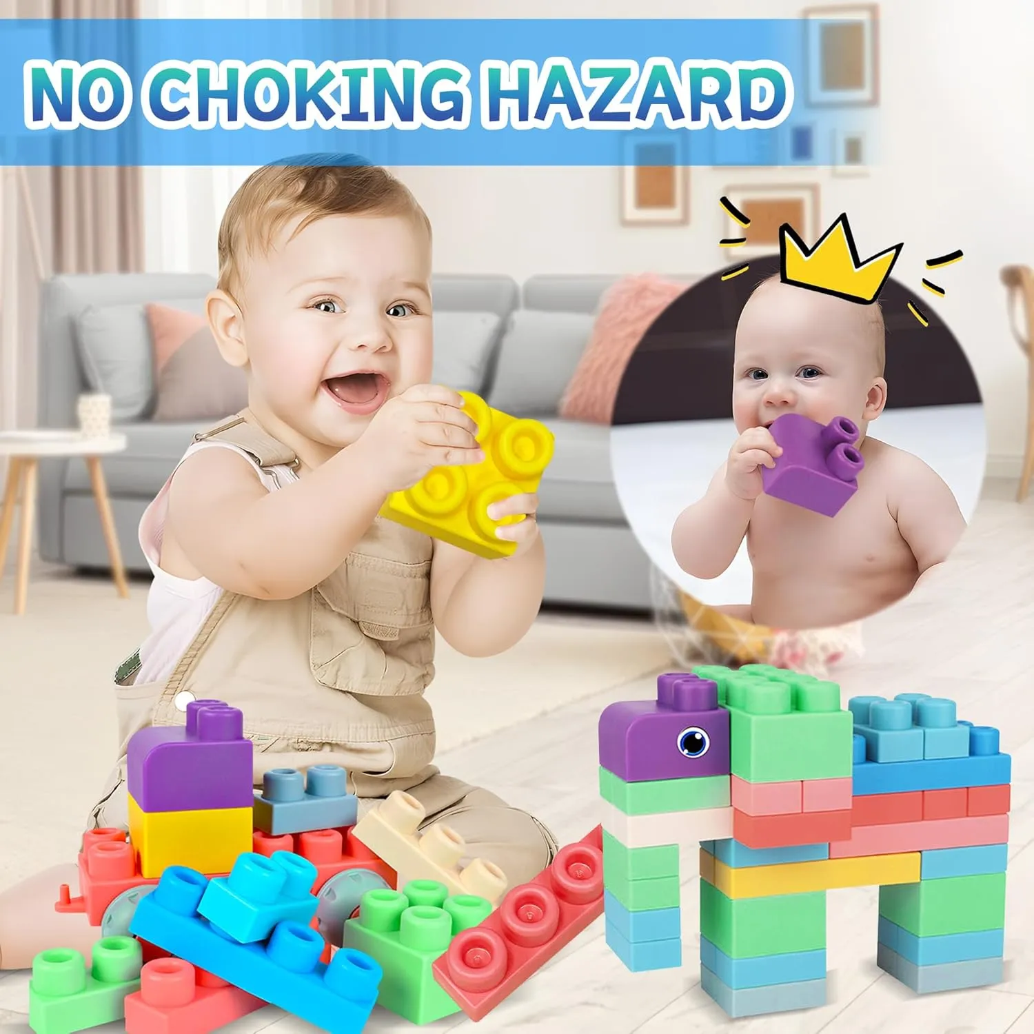 100PCS Baby Blocks Set with Storage Bucket, Building Block Toys STEM Educational Toddler Gifts, Rubber Soft Blocks for Preschool, Sensory Stacking Toys to Improve Creativity