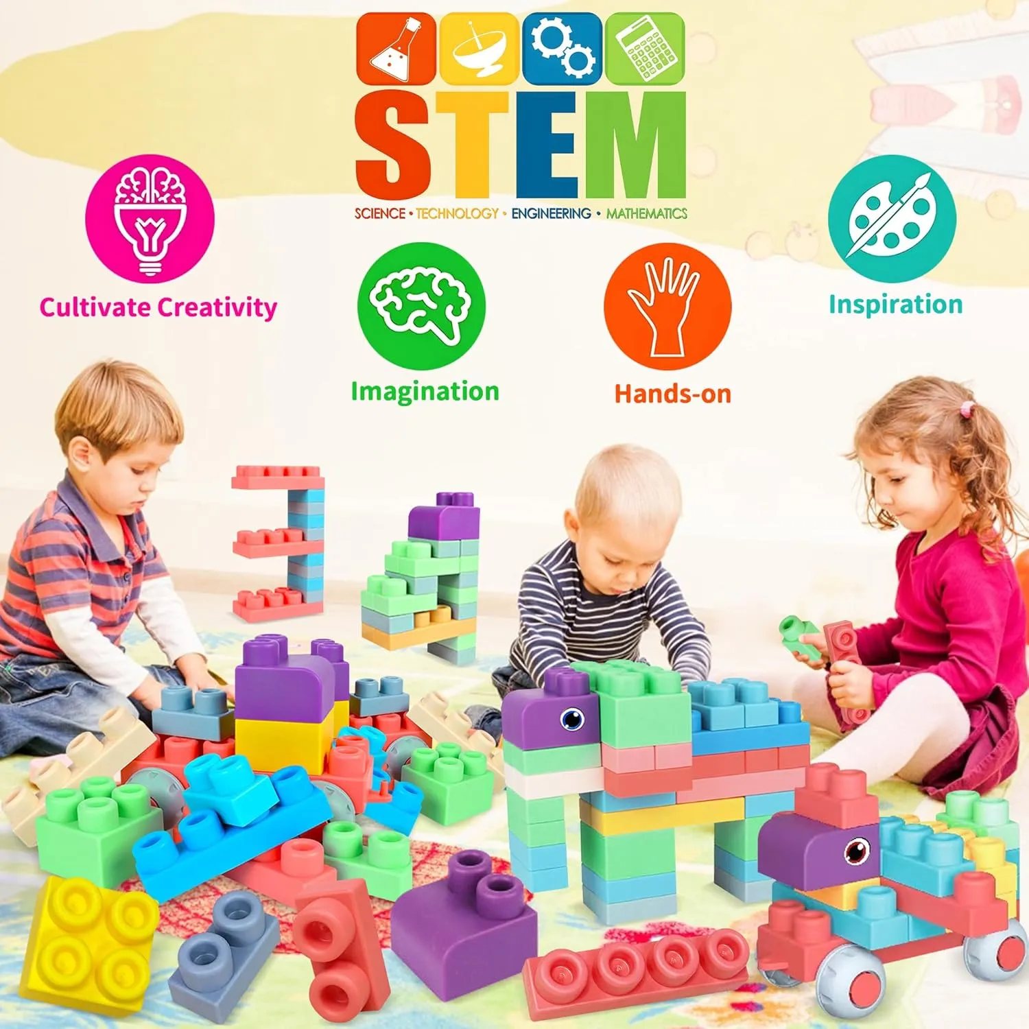 100PCS Baby Blocks Set with Storage Bucket, Building Block Toys STEM Educational Toddler Gifts, Rubber Soft Blocks for Preschool, Sensory Stacking Toys to Improve Creativity