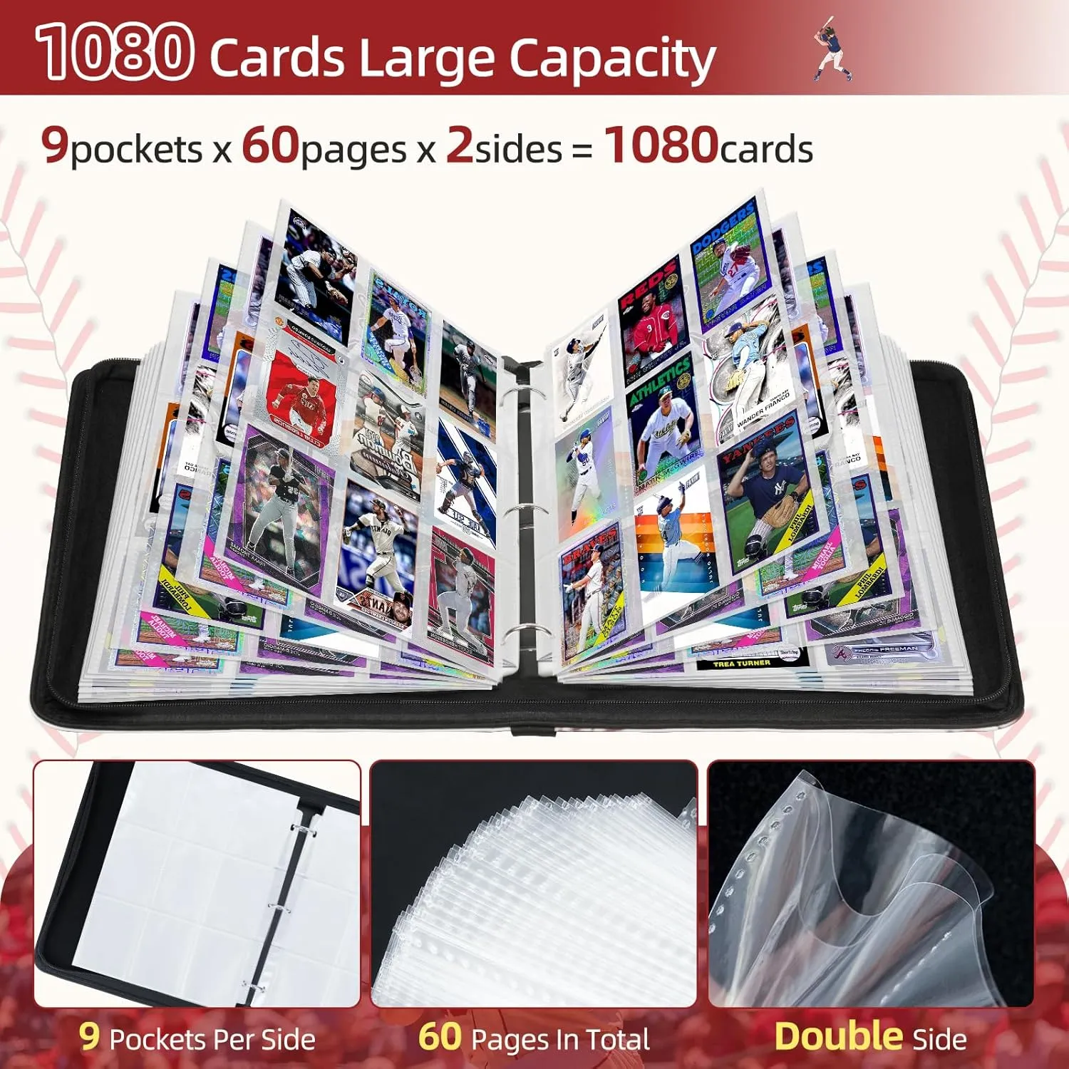 1080 Pockets Baseball Card Binder 9 Pocket, Trading Card Binder With 60 Removable Sleeves, Baseball Card Holder Sports Card Collection Binder Top Loader Binder For MTG, TCG, Game Gifts For Boys