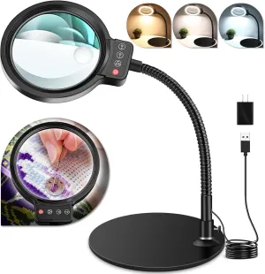 10X 30X Magnifying Glass with Light and Stand, 72 LED 3 Color Modes Stepless Dimmable, Hands Free Lighted Magnifier Desk Lamp for Close Work Craft Hobby Painting Sewing Jewelry Reading (Black)