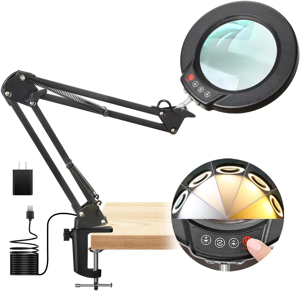 10X Magnifying Glass with Light and Clamp, Real Glass Lens, 5 Color Modes LED Dimmable Magnifier, Hands Free for Crafts, Jewelry, Painting, Sewing, Close Work