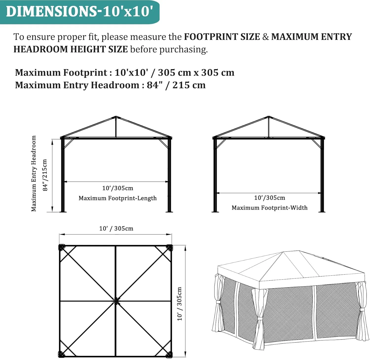 10x10ft Universal Replacement Mosquito Netting, Universal Gazebo Netting with Zippers for Outdoor Garden Patio Gazebo 4-Panel Screen Sidewalls, Black (Mosquito Net Only)