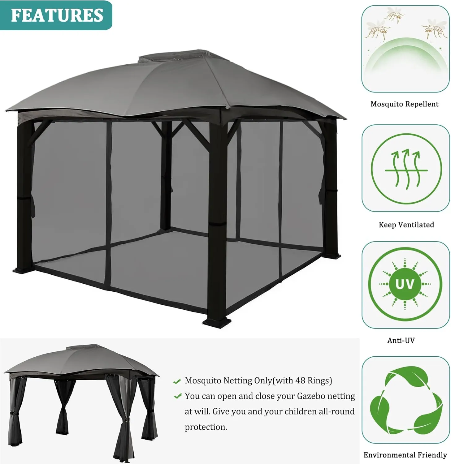 10x10ft Universal Replacement Mosquito Netting, Universal Gazebo Netting with Zippers for Outdoor Garden Patio Gazebo 4-Panel Screen Sidewalls, Black (Mosquito Net Only)