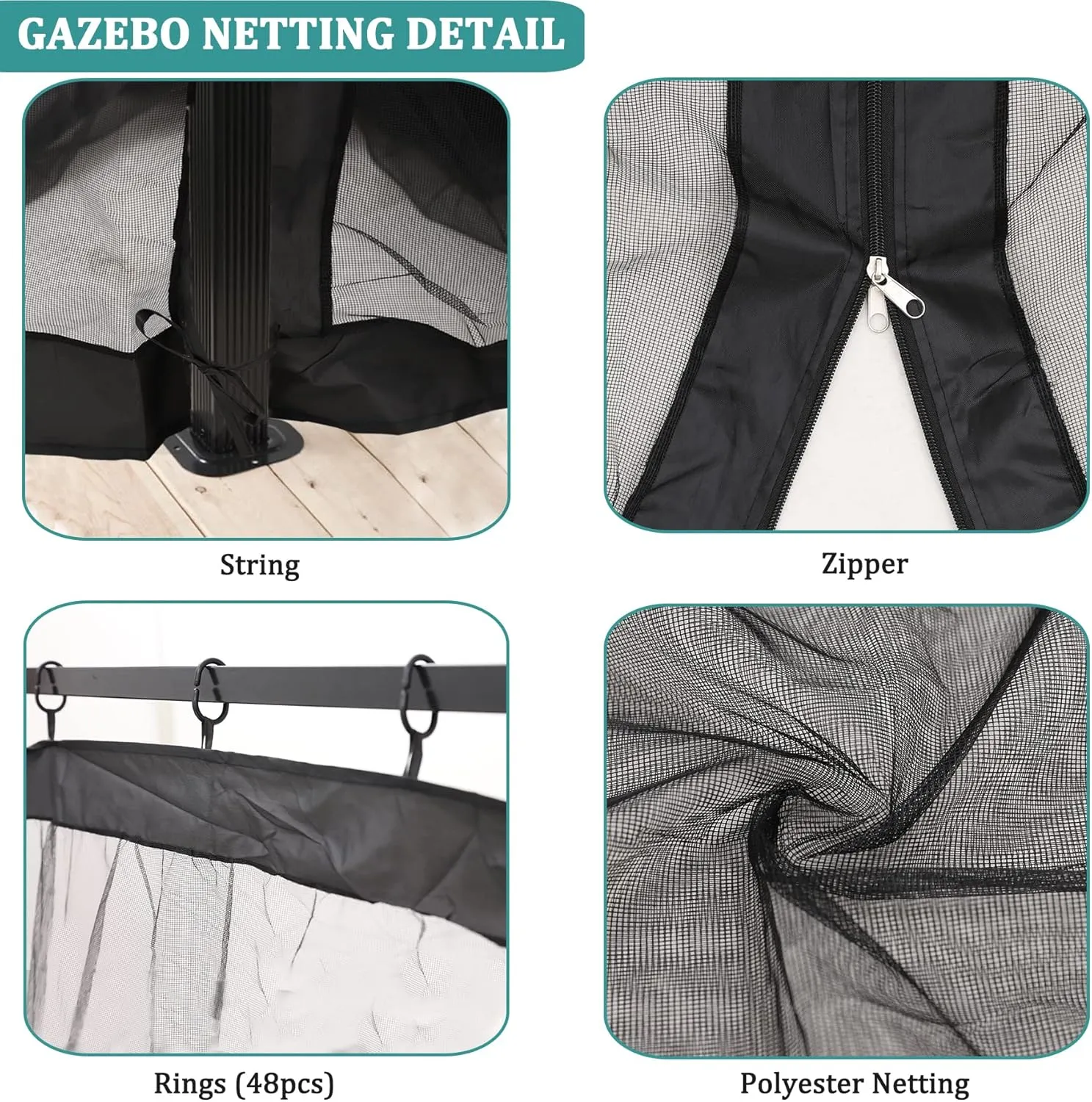 10x10ft Universal Replacement Mosquito Netting, Universal Gazebo Netting with Zippers for Outdoor Garden Patio Gazebo 4-Panel Screen Sidewalls, Black (Mosquito Net Only)