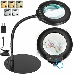 10X Magnifying Glass with Light, Flexible Gooseneck Lighted Magnifier with Stand, 5 Color Modes Dimmable LED Desk Lamp Hands Free for Crafts Painting Sewing Jewelry Reading Close Work