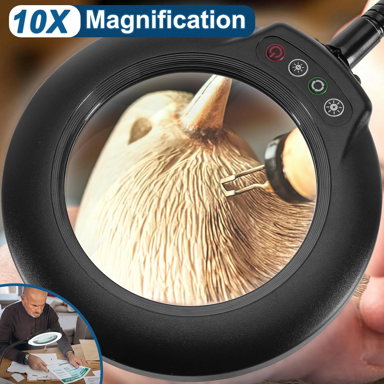 10X Magnifying Glass with Light, Flexible Gooseneck Lighted Magnifier with Stand, 5 Color Modes Dimmable LED Desk Lamp Hands Free for Crafts Painting Sewing Jewelry Reading Close Work