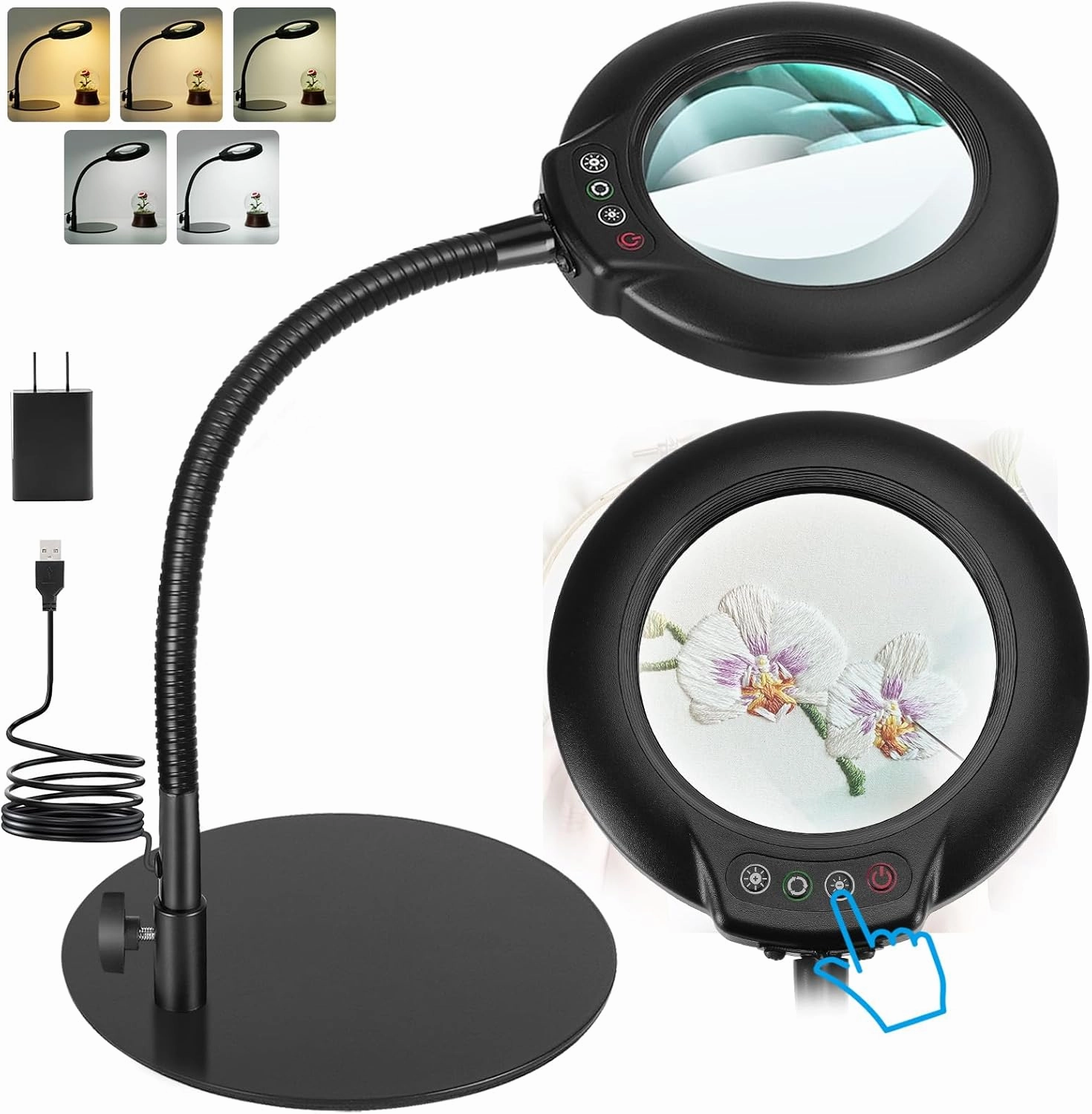 10X Magnifying Glass with Light, Flexible Gooseneck Lighted Magnifier with Stand, 5 Color Modes Dimmable LED Desk Lamp Hands Free for Crafts Painting Sewing Jewelry Reading Close Work