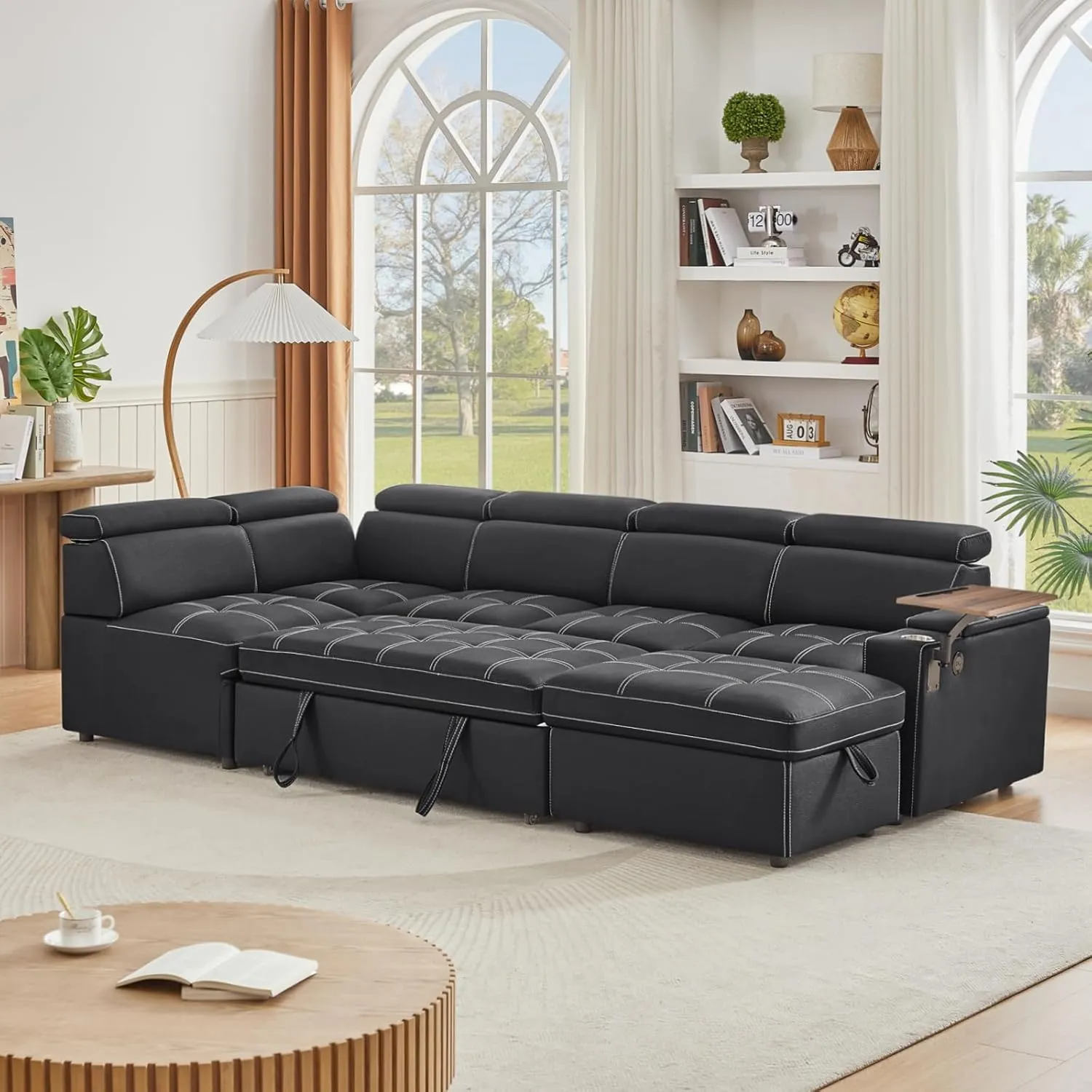 113 inch Ultra-fine Fiber Segmented Sleeper Sofa with Pull-Out Bed, Recliner and Storage Ottoman Style Sofa. with Adjustable headrests and Degree Rotating Side Table (Carbon Black)