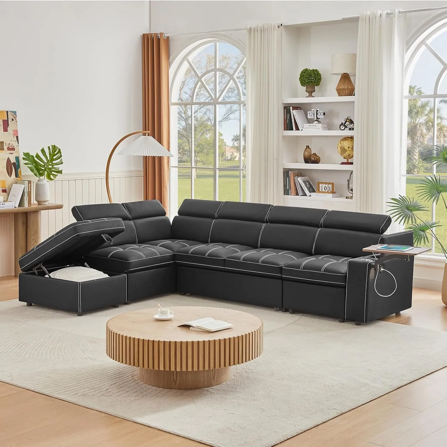 113 inch Ultra-fine Fiber Segmented Sleeper Sofa with Pull-Out Bed, Recliner and Storage Ottoman Style Sofa. with Adjustable headrests and Degree Rotating Side Table (Carbon Black)