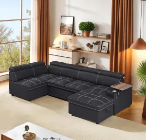 113 inch Ultra-fine Fiber Segmented Sleeper Sofa with Pull-Out Bed, Recliner and Storage Ottoman Style Sofa. with Adjustable headrests and Degree Rotating Side Table (Carbon Black)
