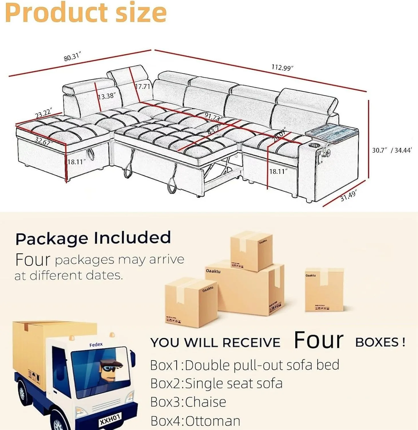 113 inch Ultra-fine Fiber Segmented Sleeper Sofa with Pull-Out Bed, Recliner and Storage Ottoman Style Sofa. with Adjustable headrests and Degree Rotating Side Table (Carbon Black)