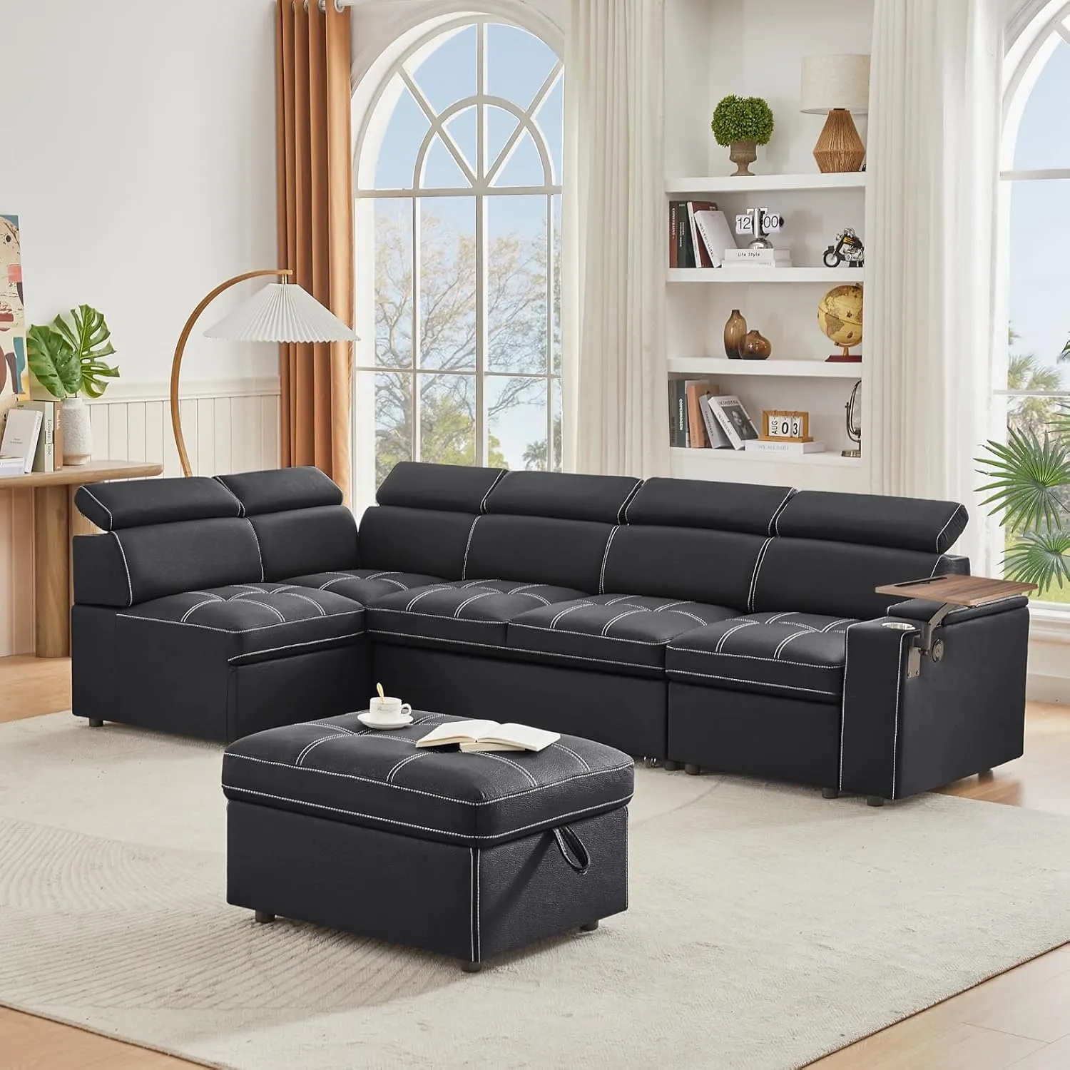 113 inch Ultra-fine Fiber Segmented Sleeper Sofa with Pull-Out Bed, Recliner and Storage Ottoman Style Sofa. with Adjustable headrests and Degree Rotating Side Table (Carbon Black)
