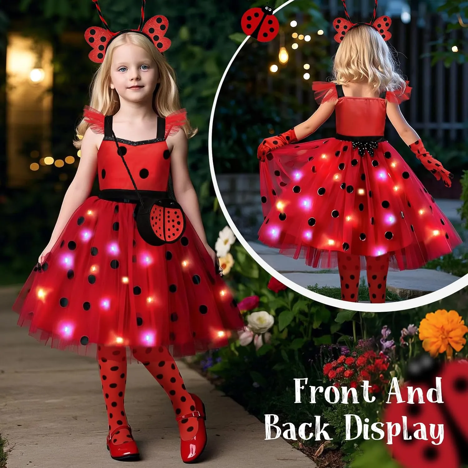 11pcs Girls Lady Bug Dress Costume Light Up Kids Toddler Princess Dress Up Clothes Halloween Gifts