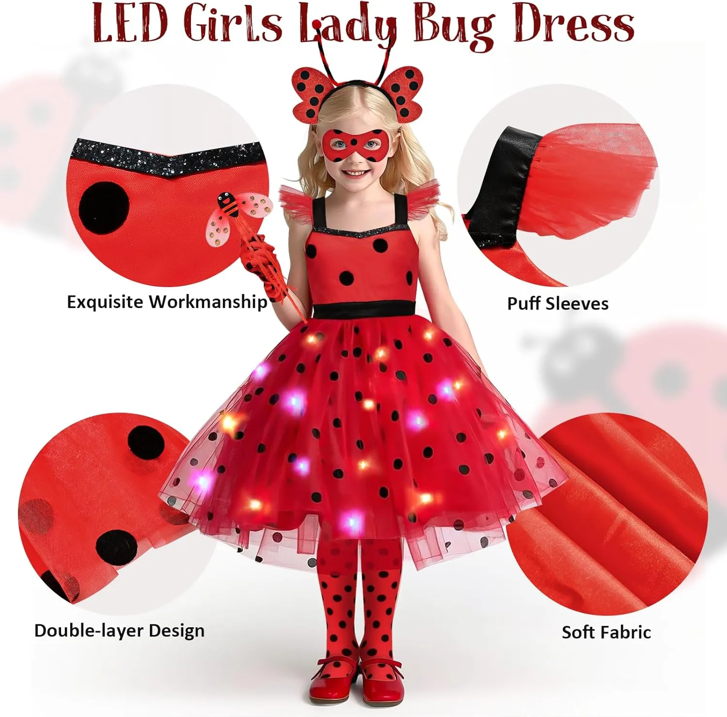 11pcs Girls Lady Bug Dress Costume Light Up Kids Toddler Princess Dress Up Clothes Halloween Gifts