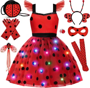11pcs Girls Lady Bug Dress Costume Light Up Kids Toddler Princess Dress Up Clothes Halloween Gifts