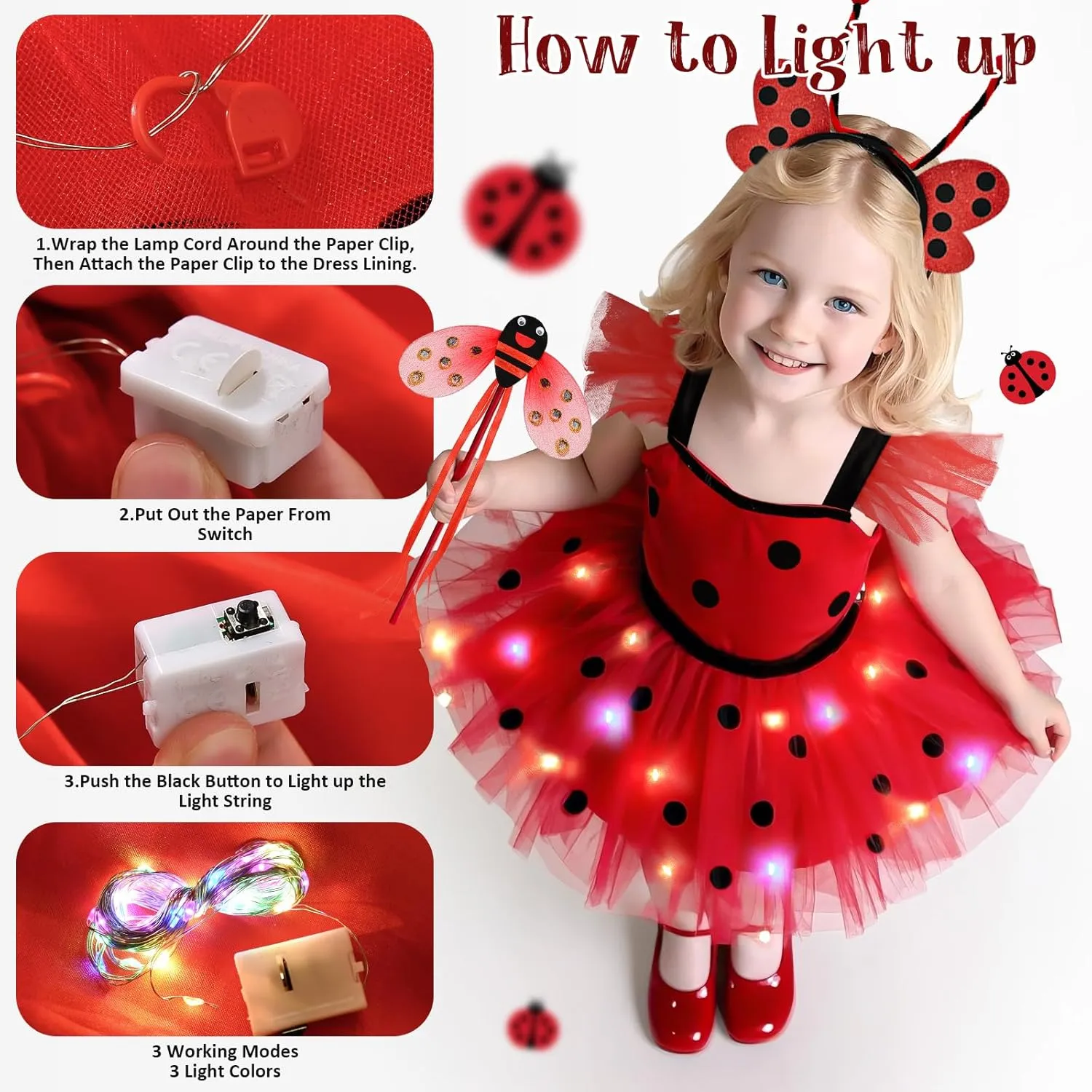 11pcs Girls Lady Bug Dress Costume Light Up Kids Toddler Princess Dress Up Clothes Halloween Gifts