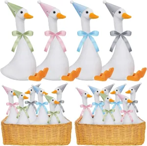 12 Set One Silly Goose Birthday Decor 1st Baby Shower Party Favor 7. 1 Inch White Geese Plush Stuffed Animal with Mini Party Hats and Pink Blue Green Gray Ribbons for Kids Gift(Cute)