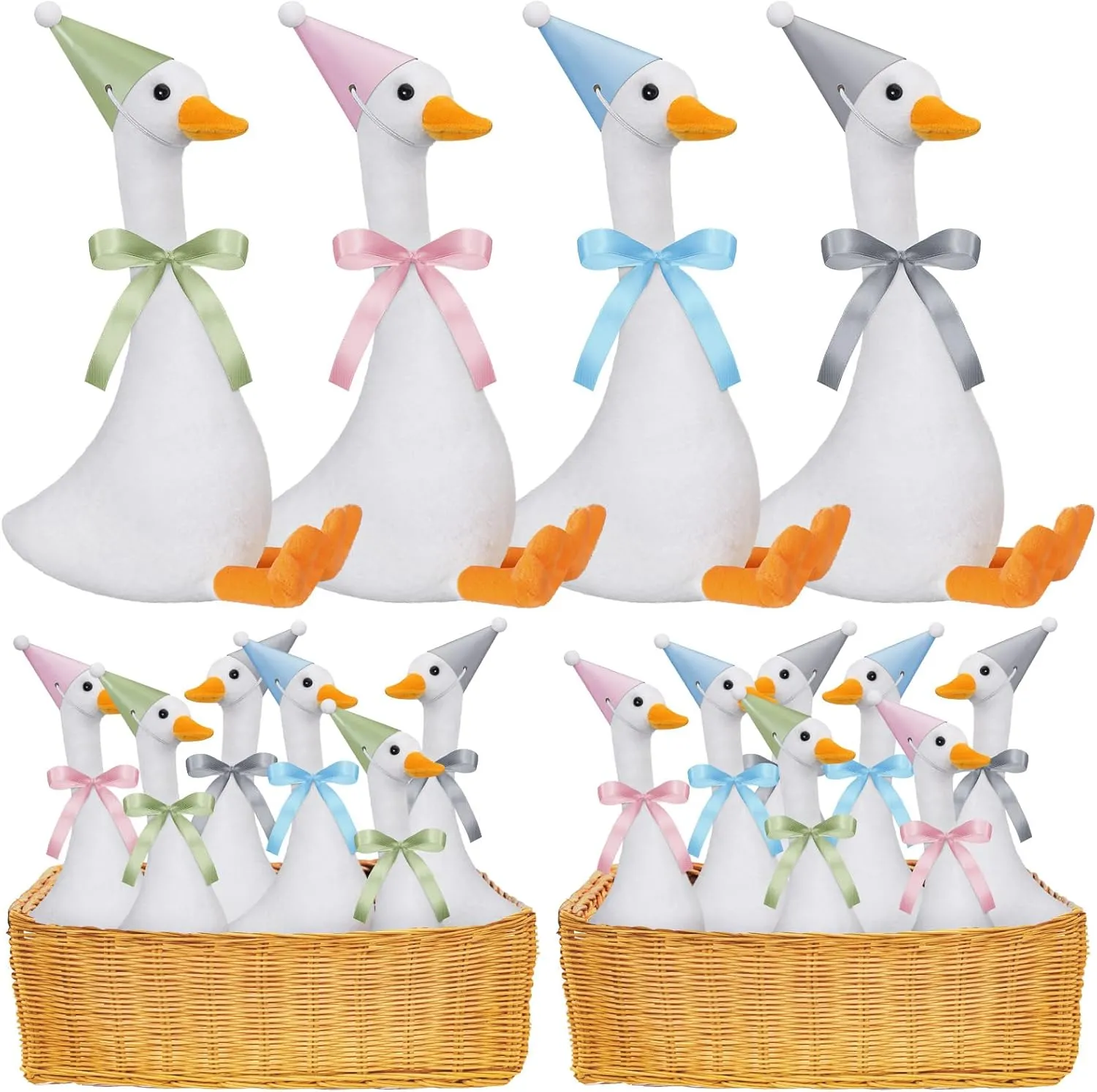 12 Set One Silly Goose Birthday Decor 1st Baby Shower Party Favor 7. 1 Inch White Geese Plush Stuffed Animal with Mini Party Hats and Pink Blue Green Gray Ribbons for Kids Gift(Cute)