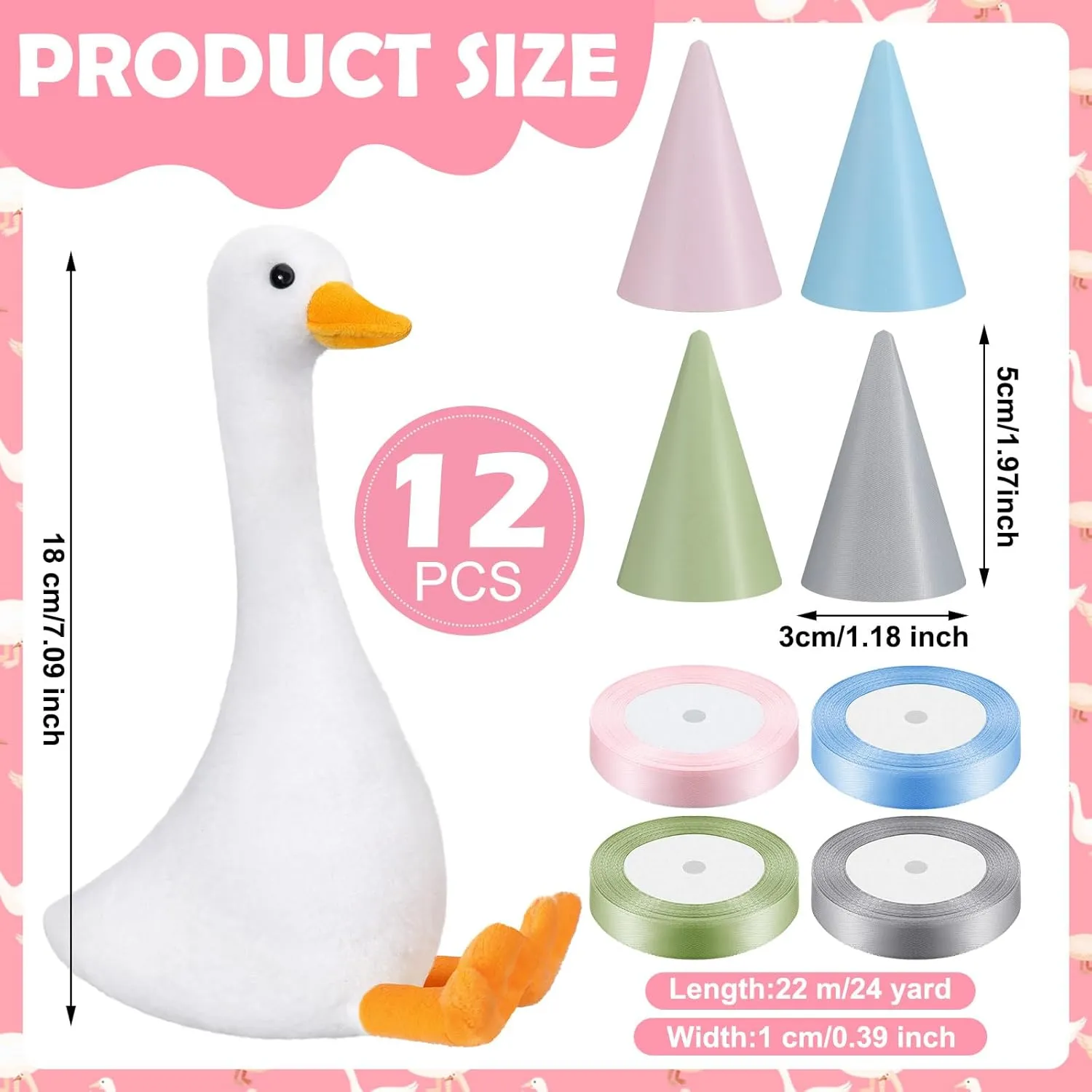 12 Set One Silly Goose Birthday Decor 1st Baby Shower Party Favor 7. 1 Inch White Geese Plush Stuffed Animal with Mini Party Hats and Pink Blue Green Gray Ribbons for Kids Gift(Cute)