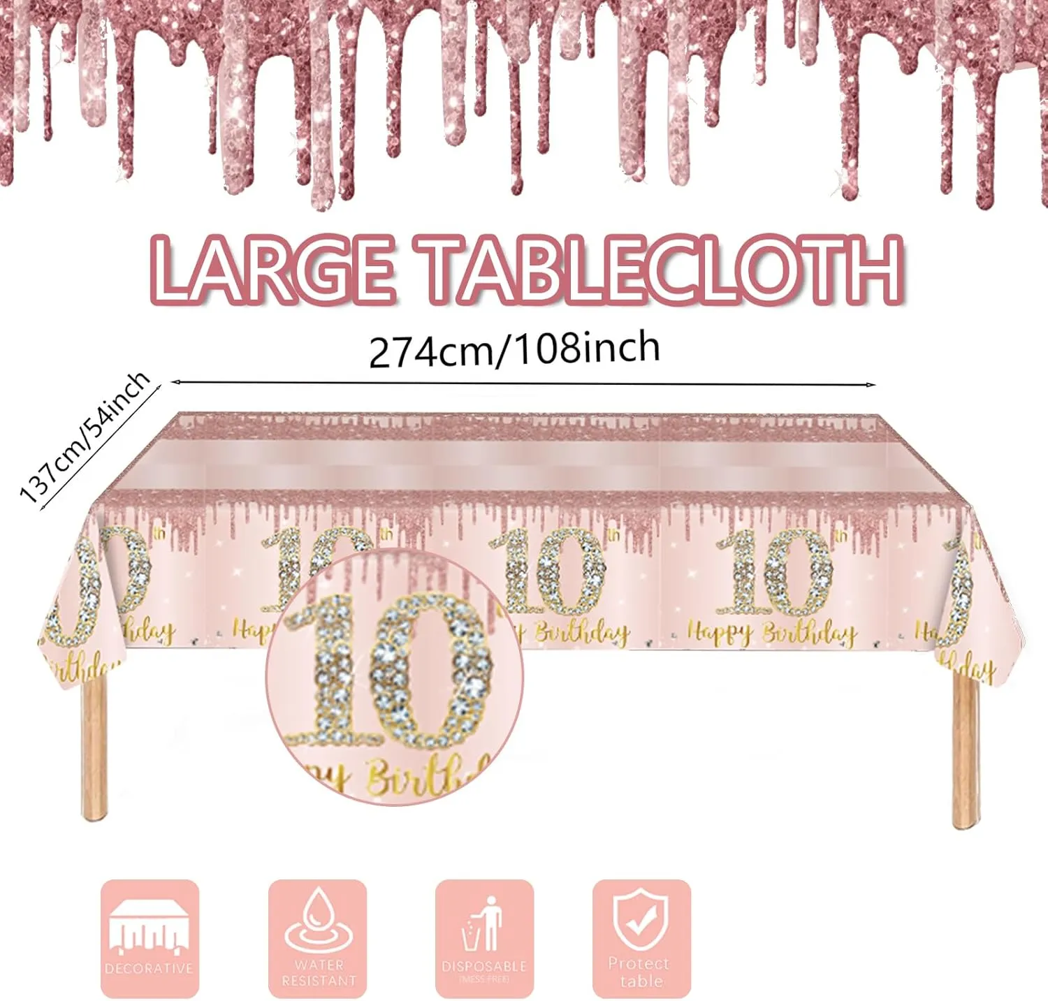 121Pcs 10th Birthday Party Supplies Plates Napkins Cups Forks Tablecloth Rose Gold Happy 10th Birthday Themed Disposable Tableware Decorations Serves 24 Guests for Girls 10 Years Old Birthday