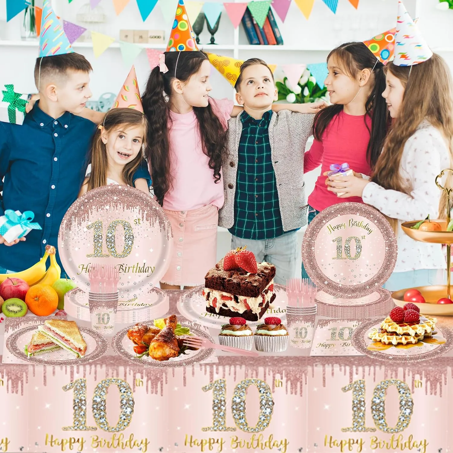 121Pcs 10th Birthday Party Supplies Plates Napkins Cups Forks Tablecloth Rose Gold Happy 10th Birthday Themed Disposable Tableware Decorations Serves 24 Guests for Girls 10 Years Old Birthday
