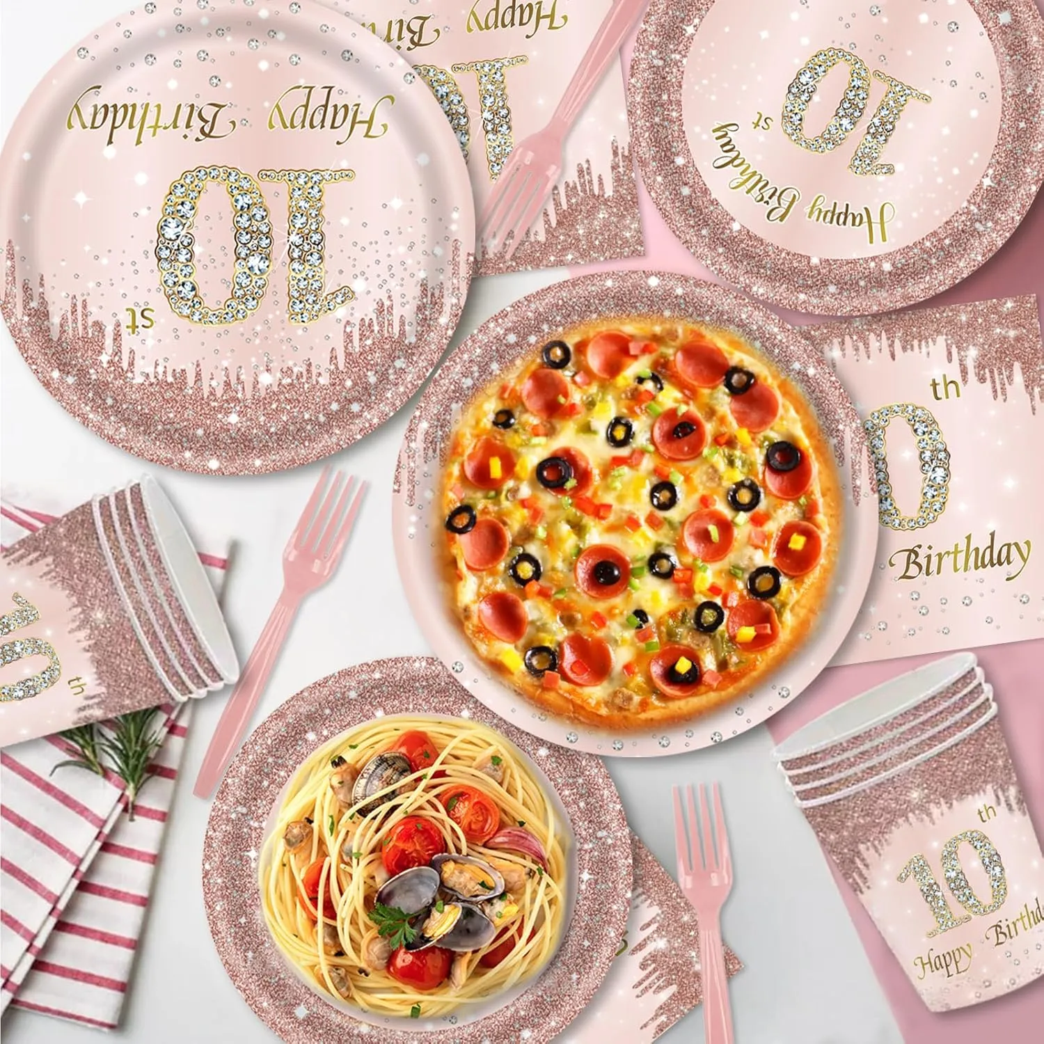 121Pcs 10th Birthday Party Supplies Plates Napkins Cups Forks Tablecloth Rose Gold Happy 10th Birthday Themed Disposable Tableware Decorations Serves 24 Guests for Girls 10 Years Old Birthday