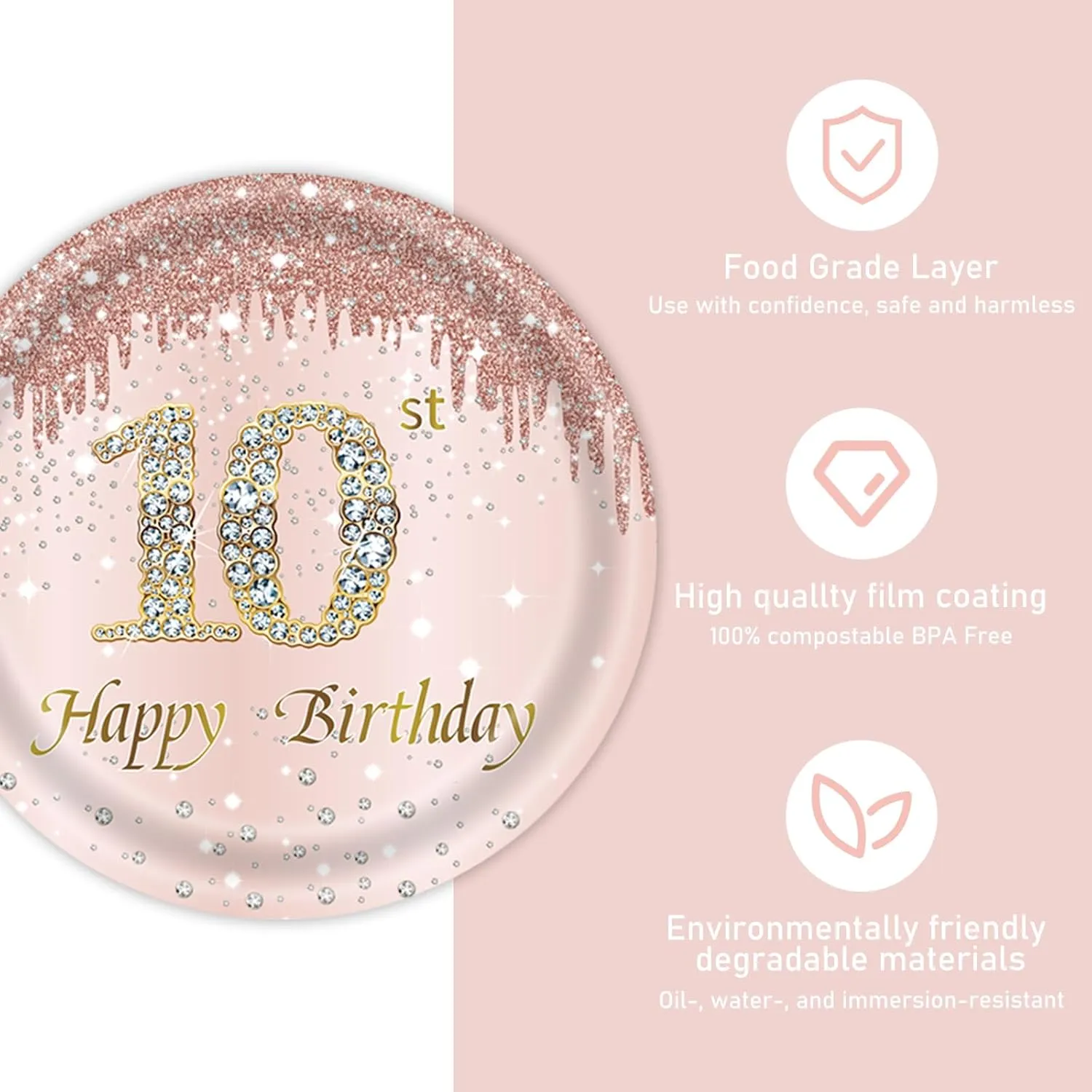 121Pcs 10th Birthday Party Supplies Plates Napkins Cups Forks Tablecloth Rose Gold Happy 10th Birthday Themed Disposable Tableware Decorations Serves 24 Guests for Girls 10 Years Old Birthday