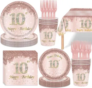 121Pcs 10th Birthday Party Supplies Plates Napkins Cups Forks Tablecloth Rose Gold Happy 10th Birthday Themed Disposable Tableware Decorations Serves 24 Guests for Girls 10 Years Old Birthday
