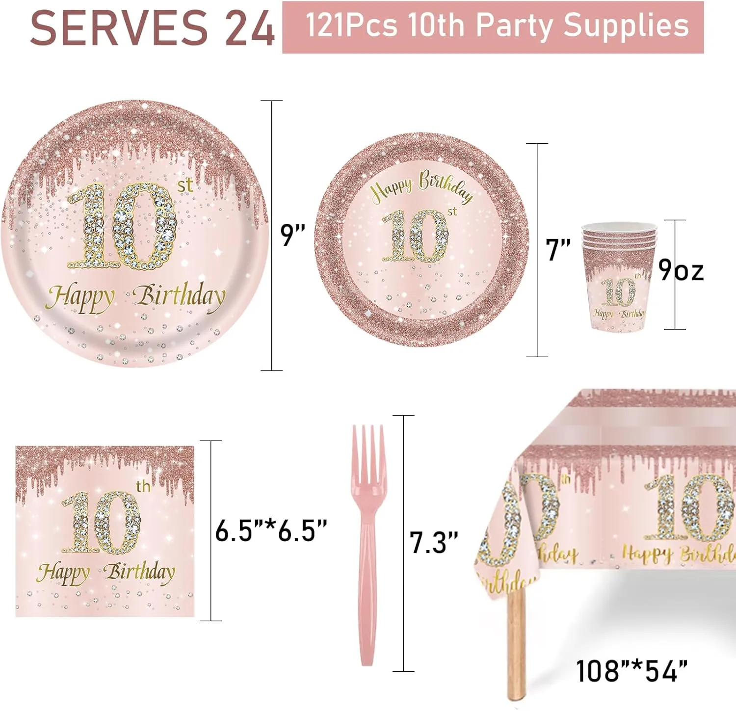 121Pcs 10th Birthday Party Supplies Plates Napkins Cups Forks Tablecloth Rose Gold Happy 10th Birthday Themed Disposable Tableware Decorations Serves 24 Guests for Girls 10 Years Old Birthday