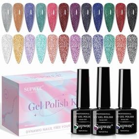 12 Colors Reflective Glitter Gel Polish - Silver Pink Blue Sparkle Gel Nail Polish Shimmer Holographic Nail Gel Polish Manicure Soak Off Lamp Gel Home DIY Varnish