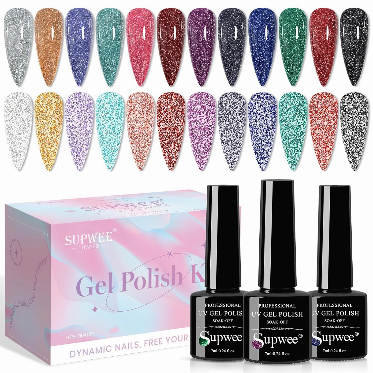 12 Colors Reflective Glitter Gel Polish - Silver Pink Blue Sparkle Gel Nail Polish Shimmer Holographic Nail Gel Polish Manicure Soak Off Lamp Gel Home DIY Varnish