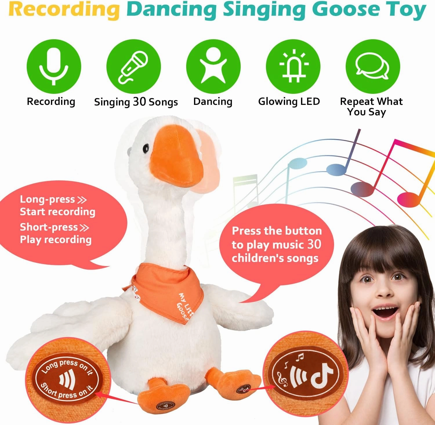 13" Talking Dancing Goose Swan Stuffed Animal Repeating What You Say Mimicking Recording Plush Baby Toy Musical English Song Singing Glowing Animated Twisting Gift Toy for Boy Kid