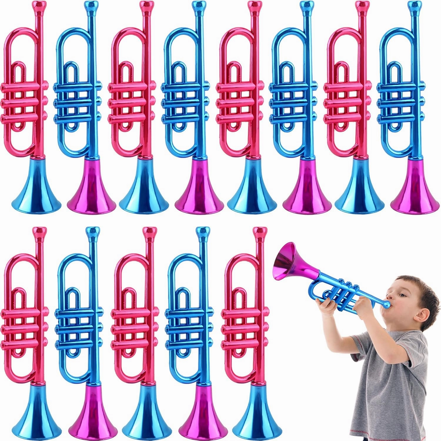 14 Pieces 13 Inch Kids Trumpet Toy Plastic Metallic Trumpet Instrument Trumpet Noise Maker Toys for Boys and Girls Birthday Carnival New Year Parties and Events, 2 Colors