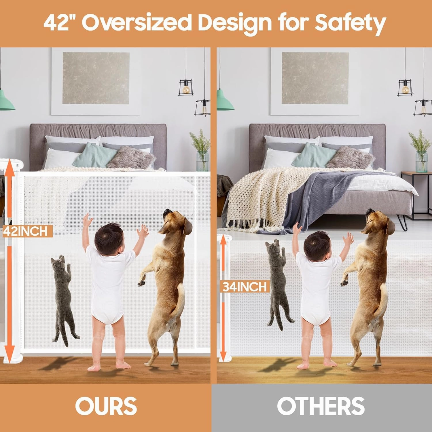 160" Retractable Baby Gates, 42" Extra Tall Upgraded Baby Gate with Reinforced Strip Design, Prevent from Crawling Underneath, Extra Wide Dog Gate Baby Gates for Stairs Doorways Indoor Outdoor