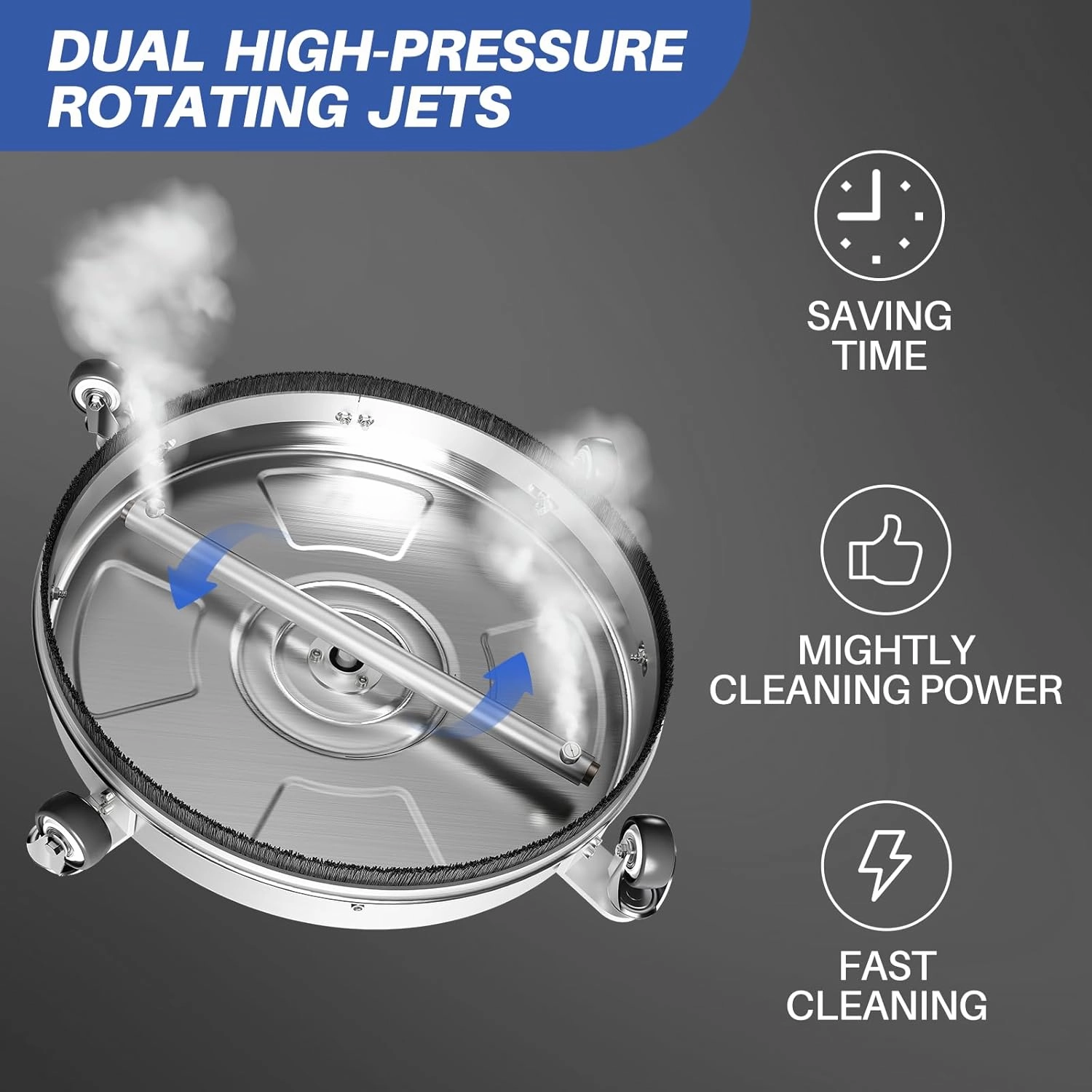 18" Pressure Washer Surface Cleaner with 4 Wheels, Stainless Steel Power Washer Accessory for Ways Cleaning, 1/4" Quick Plug, 2 Extension Wand Attachments, 4000 PSI