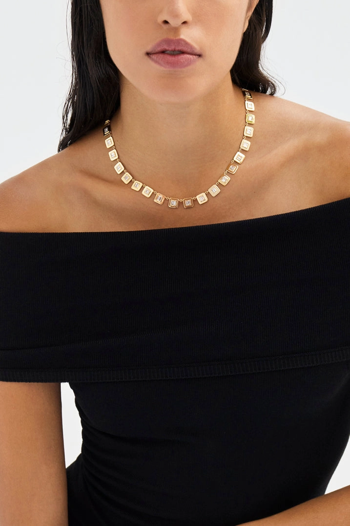 18K Yellow Gold & Diamond Tile Necklace