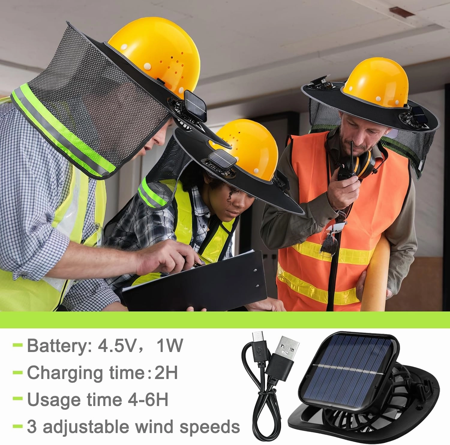 1 Set Sun Hard Hat Shade Full Brim Hard Hat Sun Visor with Solar Fans and Neck Sunshade Cover High Visibility Full Brim Mesh with Reflective Strip, Summer Protection Accessories(Black)