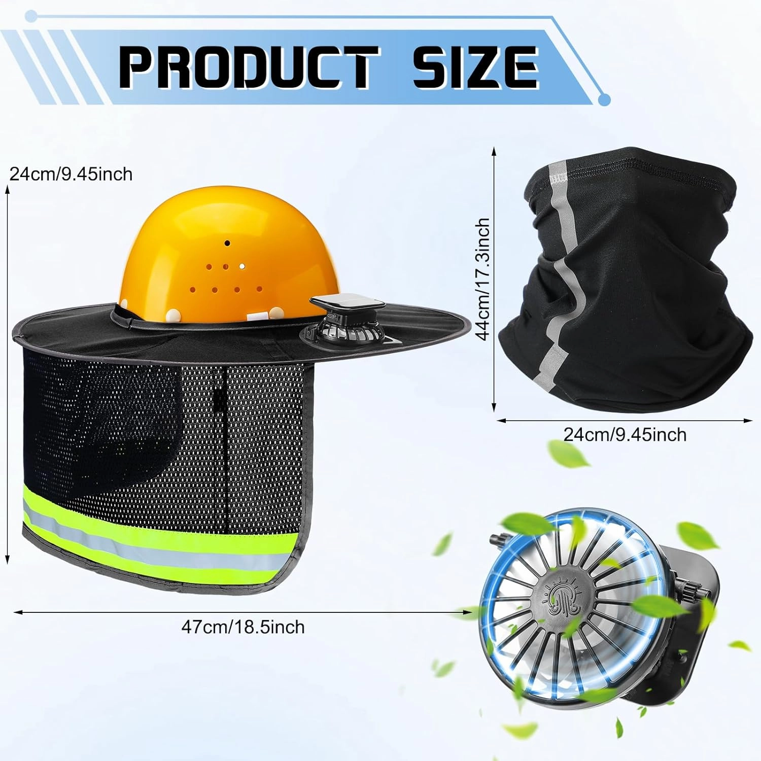1 Set Sun Hard Hat Shade Full Brim Hard Hat Sun Visor with Solar Fans and Neck Sunshade Cover High Visibility Full Brim Mesh with Reflective Strip, Summer Protection Accessories(Black)