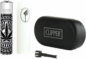 1X Clipper Metal Lighter Large (CP11) Only - Shiny Silver/Premium Leaves Pattern - Bundles with KATZONE Silicone Sleeve & Extra Flint System