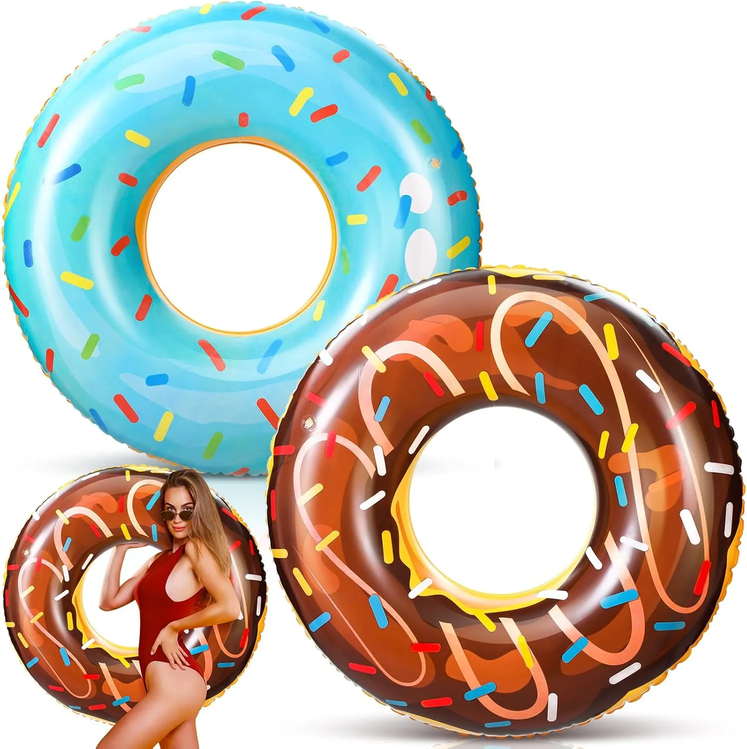 2 Pack 47.24 Inches Jumbo Donut Pool Floats for Adults Lovely Donut Inflatable Tube Swim Rings Floaties for Pool, Large Donut Inflatable for Party Decorations Supplies