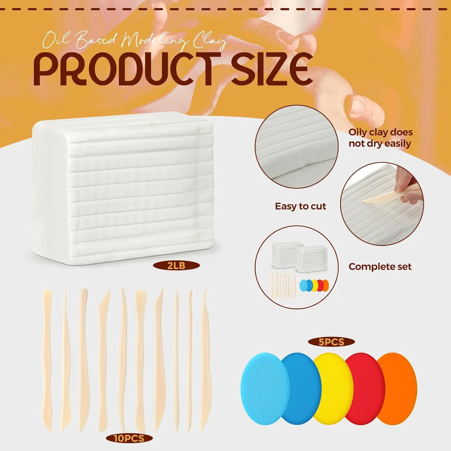 2 Pack Non Drying Oil Based Modeling Clay 4 Pounds with 15 Pcs Pottery Sculpting Tool Set Non Hardening Reusable Sculpting Clay for Craft Projects for Beginners Artist(White)