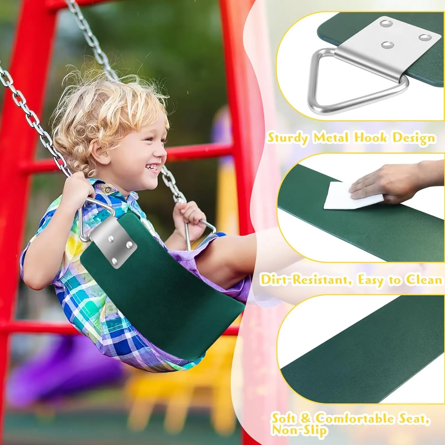 2 Pcs Swing Seat with Metal Triangle Ring 30.4 x 5.9 Inch, Heavy Duty Swing Set Replacement Accessories for Kids & Adults Outdoor, Playground,Trees, Backyard- Green (Support 300LB)