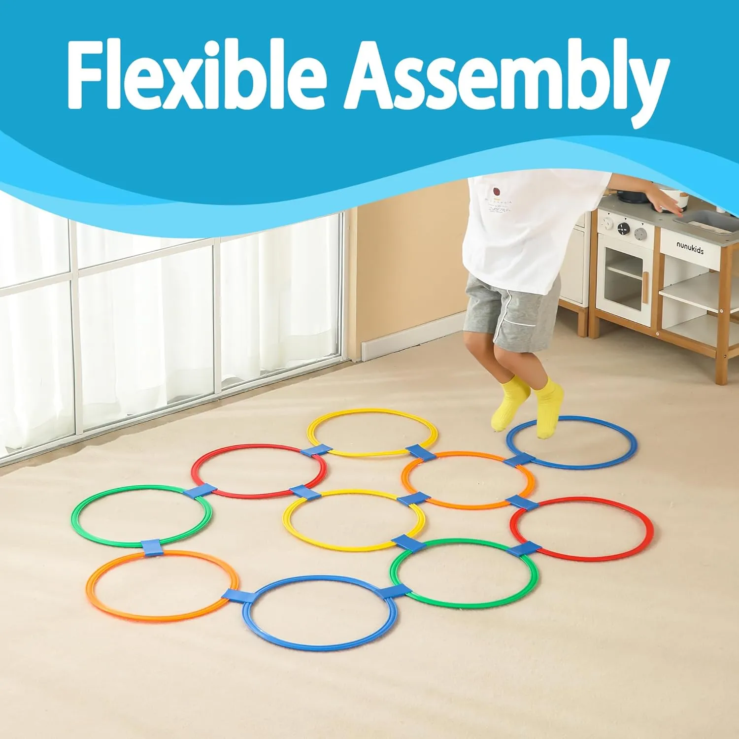 2 Sets Hopscotch Rings, 20 Plastic Round Hoops with 30 Connectors for Toddlers Gross Motor Skills, 11 Inch Indoor/Outdoor Agility Rings for Kids Playground Obstacle Course