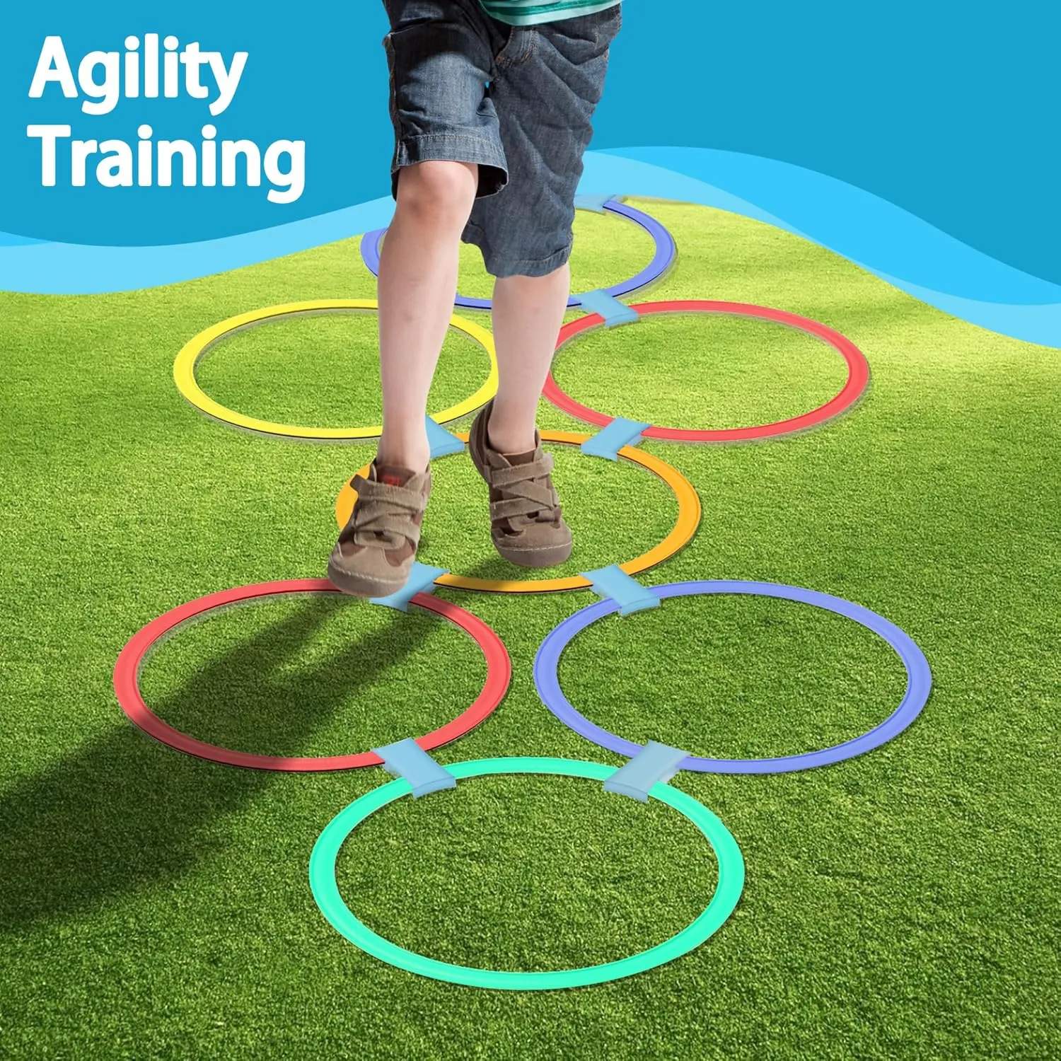 2 Sets Hopscotch Rings, 20 Plastic Round Hoops with 30 Connectors for Toddlers Gross Motor Skills, 11 Inch Indoor/Outdoor Agility Rings for Kids Playground Obstacle Course