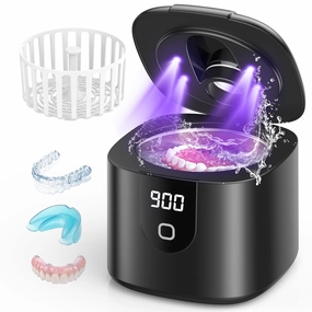 2025 Enhanced Ultrasonic Retainer Cleaner,2X Efficiency,45kHz Dentures Cleaner Machine with UV Lights& 4 Clean Modes for Aligner, Nightguard, Mouth Guards, Jewelry, Rings (Black)